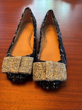 J crew Sparkle Bow Black Tweed Flats with Gold Glitter Bow